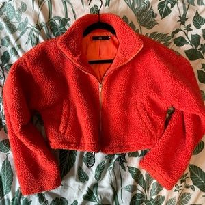 Missguided Neon Orange Teddy Borg Cropped Bomber Jacket